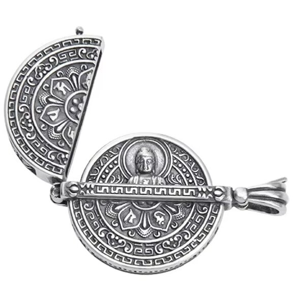 LORD BUDDHA COIN LOCKET PENDANT NECKLACE-Small 1" Silver Plated Amulet 24 inch - Picture 11 of 13